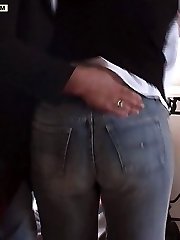 School teen spanked hard over her skin tight jeans - full round ass bent over in pain