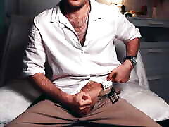 Handsome man Noel Dero, dressed in old money style, masturbates on camera and cums loudly.
