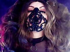 hot and shiny - wearing PVC and pkf studios strangle10 - fashion shoot backstage Arya Grander mask corset smoke