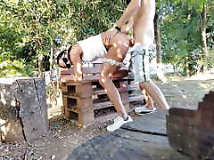 Big slut known on the cycle path gets fucked on the bench but the tractor ruins everything