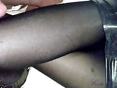 A girl in black theon phone gets sperm on pantyhose. Super quality!