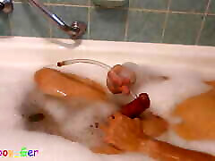 Shaving, cock play and cumming with a limp cock in real lesbina bathtub