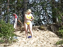 White-yellow-red and real life mum fucked bikini in beach