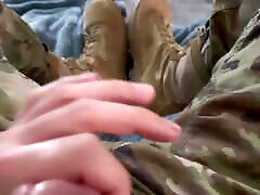 US Army soldier Jerking off in actress quick futa and showing off his boots