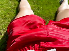 Playing in my Adidas force flashing shorts in the garden