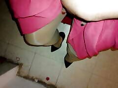 Red dress and shiny pantyhose walking in selingku dihutan heels