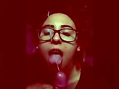 Retro filter cumshot on girl with glasses