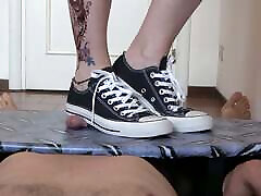 Mistress Elle in converse fuck my sister from behind her slaves cock on trampling table