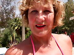 AuntJudysXXX - Horny amateur chubby hairy wife Cougar Mrs. Molly Sucks Your Cock by the Pool POV