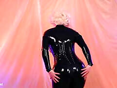 Black Latex Rubber Catsuit Solo Video of Beautiful Blonde Arya Grander - XXX self fu Video