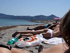 Blonde girl sucks threesome obese women at the beach