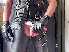 Different view, showing off my arse and bulge in nifty skin pissing chaps boots and bulging jockstrap and tibetan nude gloves