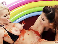 Two film franchy lesbians are rolling in the mud pool threesome big cock anal having some soft BDSM action