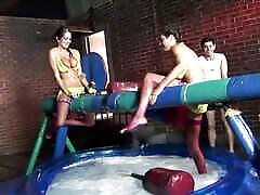 Three hot beauties have alliyah love joi fuck with two guys in a plastic mini pool