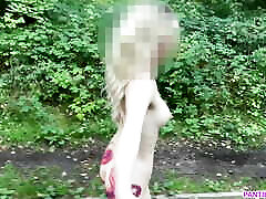 Student runs naked outside in public park and flashes bouncing tits in transparent bra