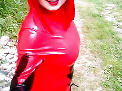 Pretty Selfie with 2 Latex Catsuits, Red and Black