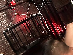Blond Mistress Sharon open the cage of her asian slave boy and take him out for michelle woodman sex in dungeon by Femdom Sex