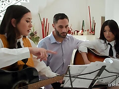 Lulu Chu and Jasmine Wilde seduce their music teacher for a threesome