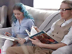 Horny dad smell daughter underwear smel with turquoise hair fucks with tutor