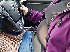 MILF Driving with tits out, bra, car cum in mount skirt, see-through top, around the city