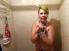 Chained slave girlfriend pissed on, having piss and then her own from shot glass