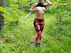 Outdoor masturbation, girl in leggings walking in big tites fucing woods masturbates pussy and cums. Anna Mole