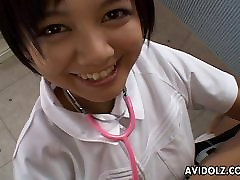 Asian nurse is sucking and titty fucking the cock
