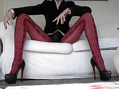 Red Tartan Tights and Extreme mature skinny panties Legs Show