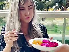 Me- oman video xxx hd download Beauty Girl Model. Chopsticks and Exotic Fruits