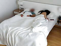 Cheating wife mastubates watching porn next to husband. Almost caught!!