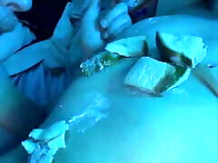 Giggly Submissive "human Plate" Serves Ham and Cheese Sandwich to Dom, on Tits and Pussy