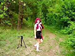 Graduated schoolgirl from Russia gives her boyfriend a three-hole combo in public