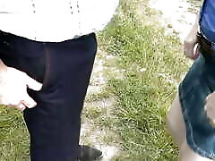 Random man pees. My wife was passing by and held dick his dick in fingers. Public. Outdoor. Outside. MILF. Beauty. Short skirt.