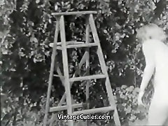 Nudist hdporntxxx com Feels Good Naked in Garden 1950s Vintage