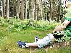 Dick Flash in the forest woman watches and masturbates. He joins sucks and I cum on her tits.