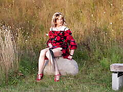 Daring Biking in Sheer Chiffon Nylon Stockings and Dildo