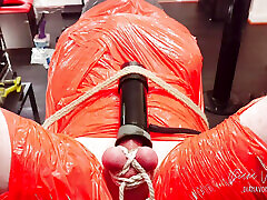 Merciless Cock Milking tight Shiny Red Plastic Mummificaton and Remote Anal Stimulation