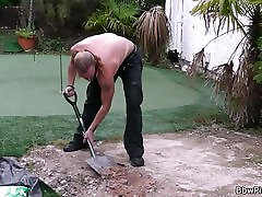 Blonde bbw in lingerie seduces garden-worker