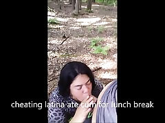cheating latina eats cum on lunch break in woods