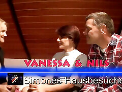 Threesome fuck for the beautiful Simones together with an exhibitionist married couple