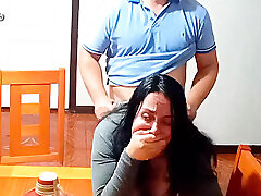 Sex before breakfast on the dining table with a stepmother taken by surprise