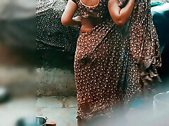 The desi sister-in-law of the village opened the drenched saree and took a girl forced to eat ass in the open bathroom.