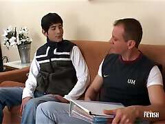 Young gay sucks older agent big cock and gets fucked at job interview