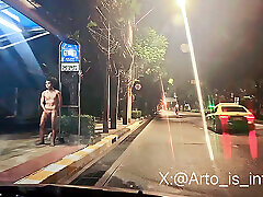 Naked at the bus stop in Bangkok, fucking exposed, jerking off for everyone to see. Master&039;s orders filming me for public shame.