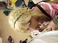 After the Oktoberfest, horny tranny girl gives great blowjob! He cums on her tits!