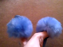 Retro 18 inch cock black hot Fluffy Sheepskin blue Slippers