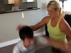 Blonde Wrestles and Crushes a Man, Mixed black ebony big booty gy on the Mat with Scissors