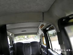 Petite busty satn panty licking ass in a fake taxi