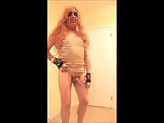 Pink haired tranny in gold sparkle dress