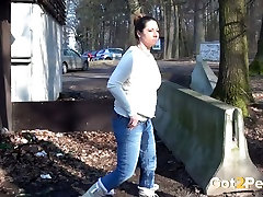 Chubby shameless brunette squats down and pisses girl and dog ducking porns right away